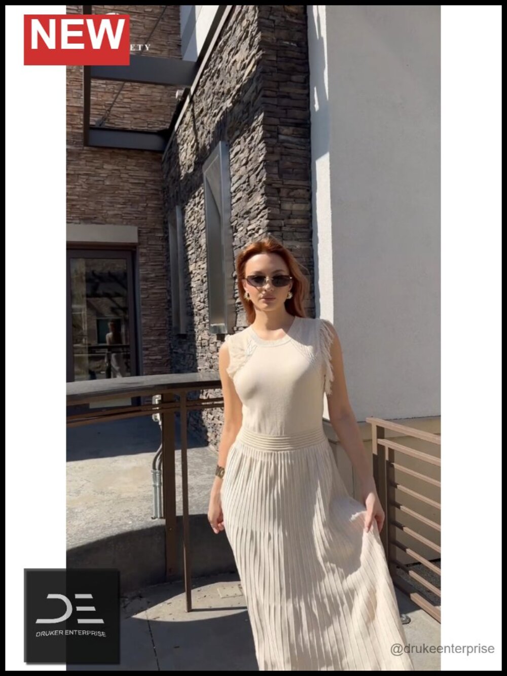 Sleeveless Fringe A-Line Pleated Midi Dress Ribbed Knit - Picture 6 of 6
